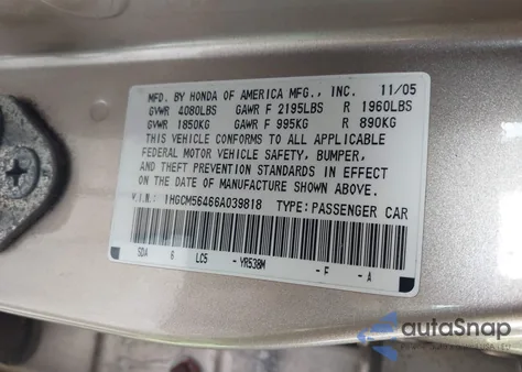 2006 Honda Accord 2.4 Lx z USA, uszkodzony, nr VIN 1HGCM56466A039818